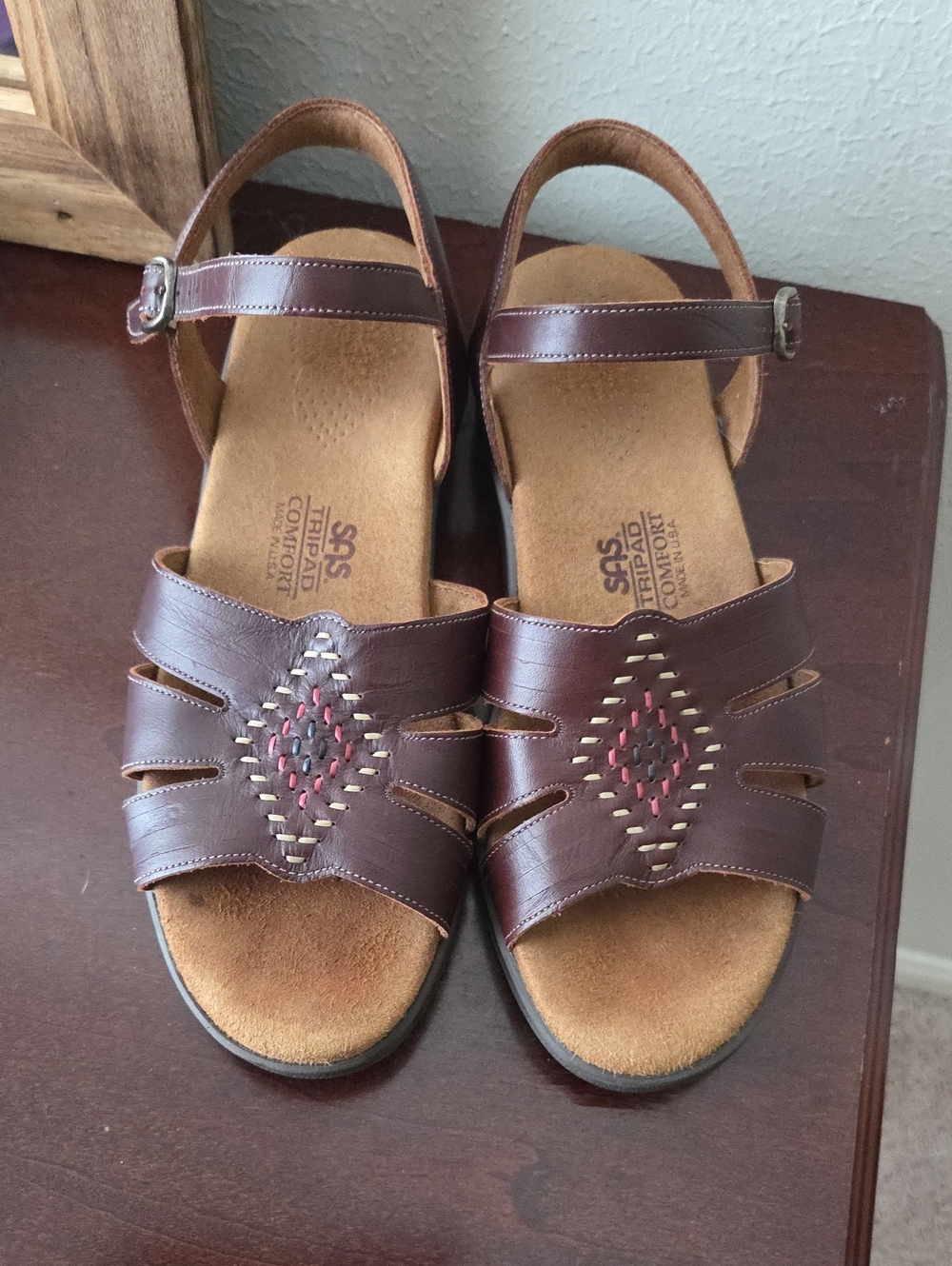 SAS Women's Brown Leather Slingback Sandals with Woven Detail
